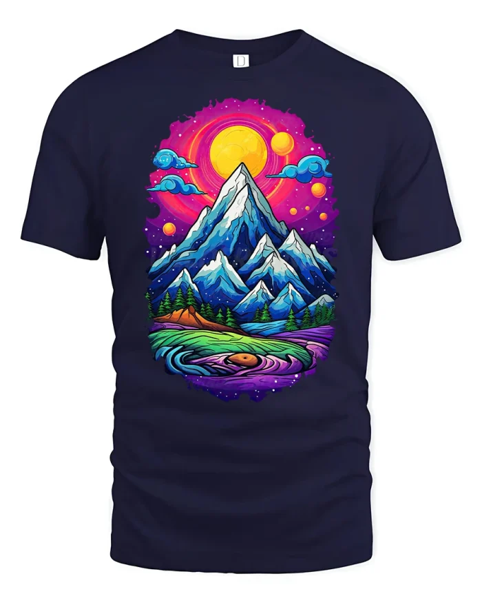Vibrant Mountain Sunset Landscape Graphic Tee - navy t-shirt on white background