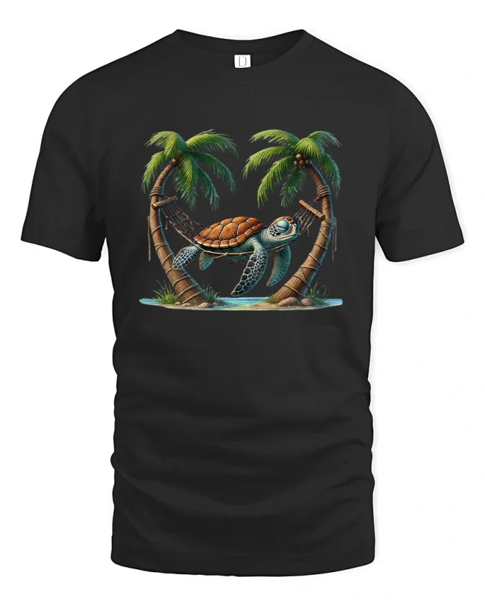 Chill Turtle Hammock Tee for Beach and Ocean Lovers - black t-shirt on white background