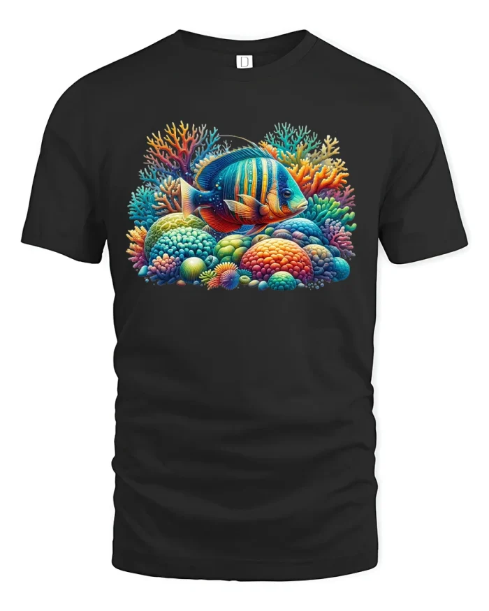 Vibrant Coral Reef Fish Graphic Tee for Ocean Lovers - black t-shirt on white background
