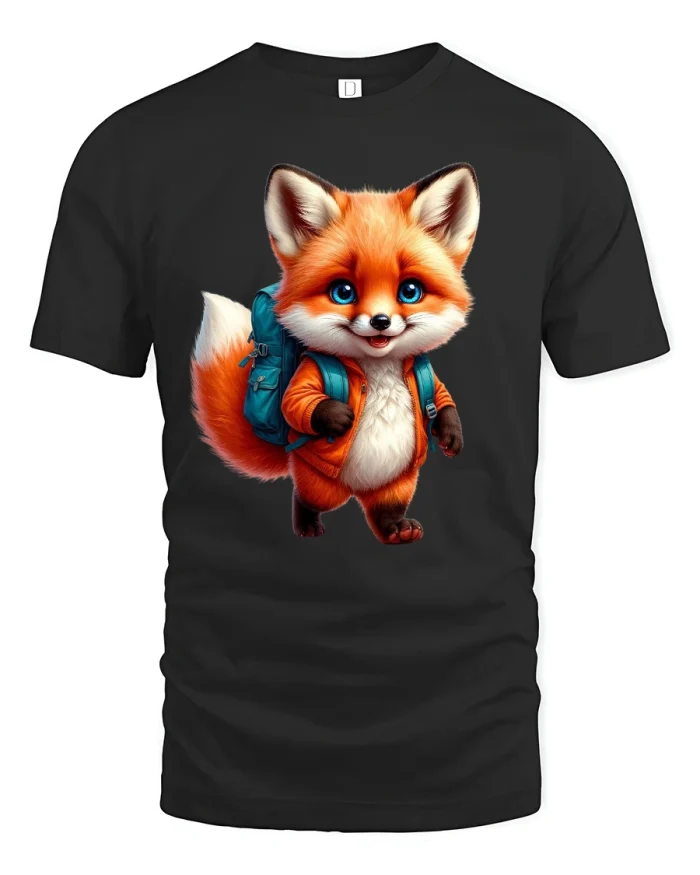 Cute Adventurer Fox Graphic Tee for Nature Lovers - black t-shirt on white background