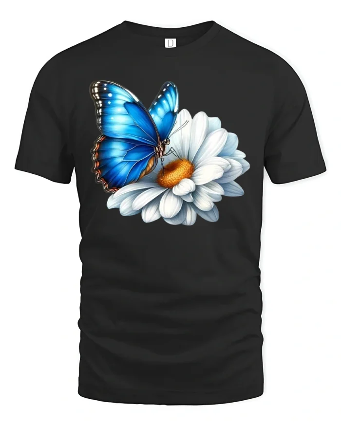 Blue Butterfly On Daisy Bloom Nature Art Tee - black t-shirt on white background