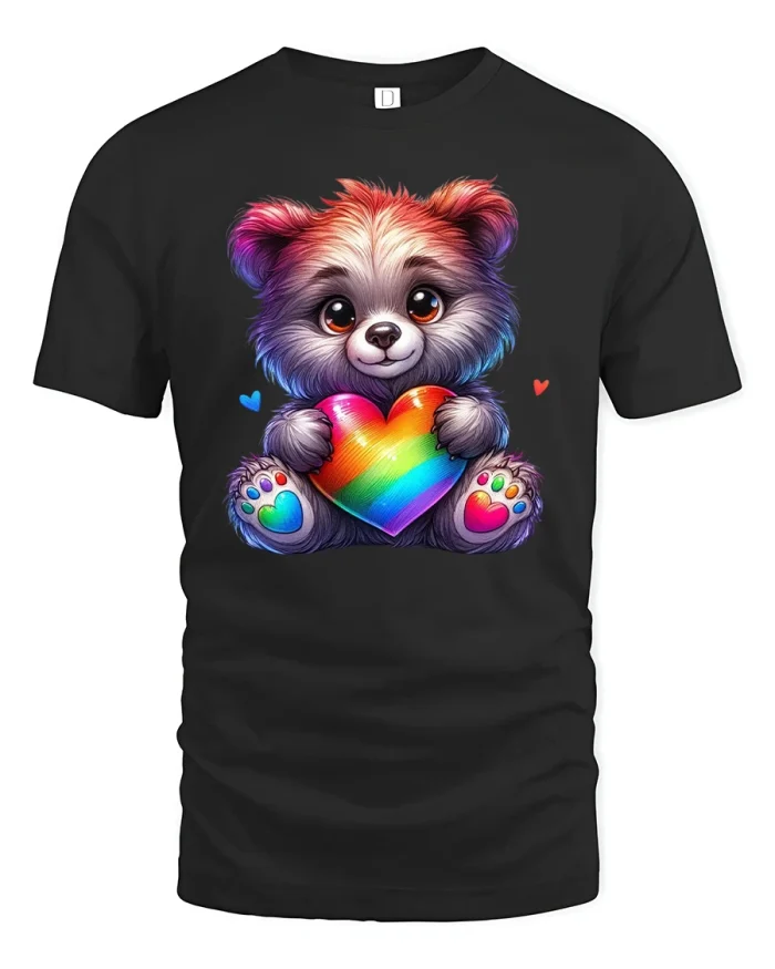 Cute Bear Holding Rainbow Heart Love Pride Art Tee - black t-shirt on white background