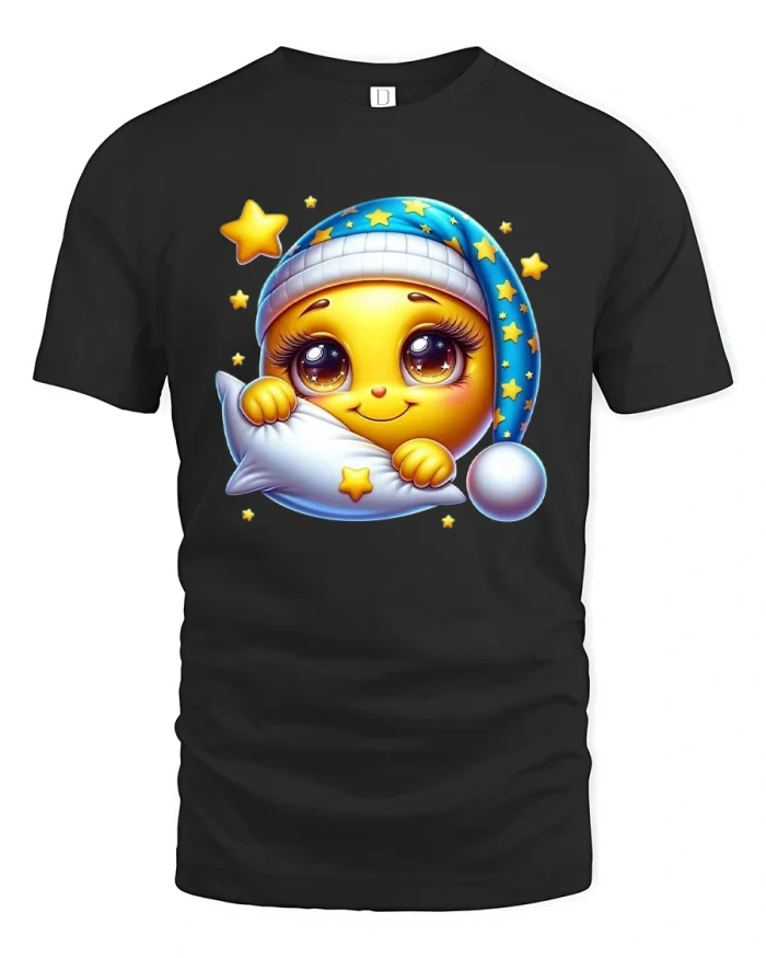 Cute Sleepy Emoji Hugging Pillow Dreamy Night Tee - black t-shirt on white background