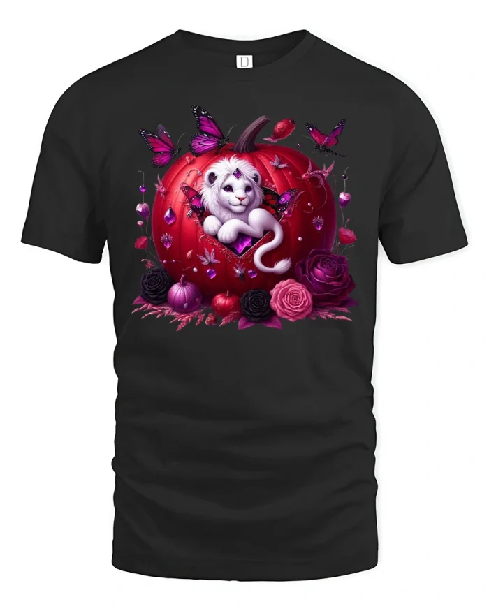 White Lion In Red Pumpkin With Butterflies Art Tee - black t-shirt on white background