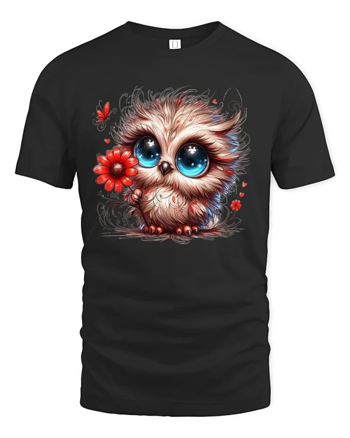 Cute Big Eyed Owl Holding Red Flower Art Graphic Tee - black t-shirt on white background