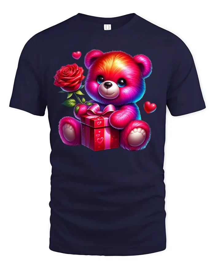 Cute Rainbow Teddy Bear With Rose Gift Box Tee - navy t-shirt on white background