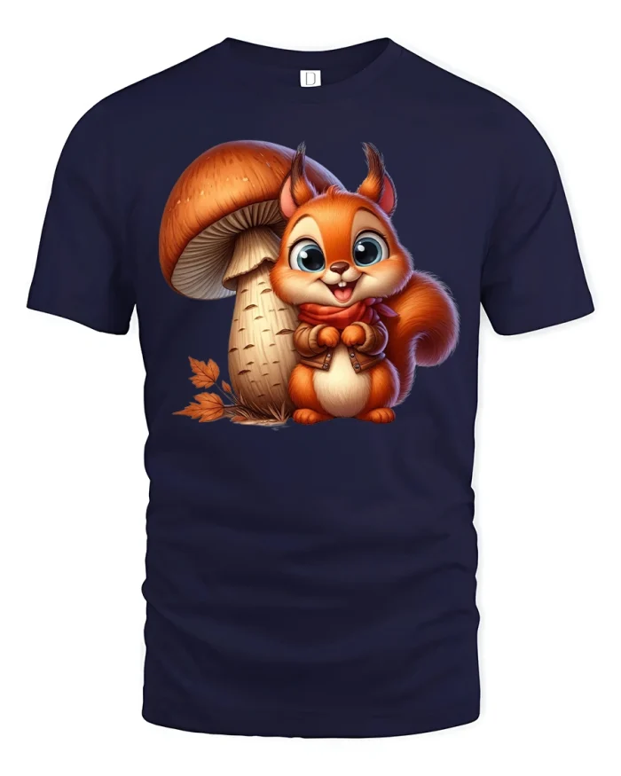 Cute Autumn Squirrel With Mushroom Forest Art Tee - navy t-shirt on white background