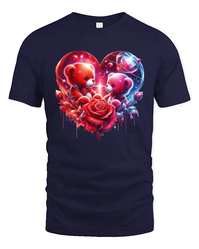 Romantic Teddy Bears In Heart With Red Rose Art Tee - navy t-shirt on white background