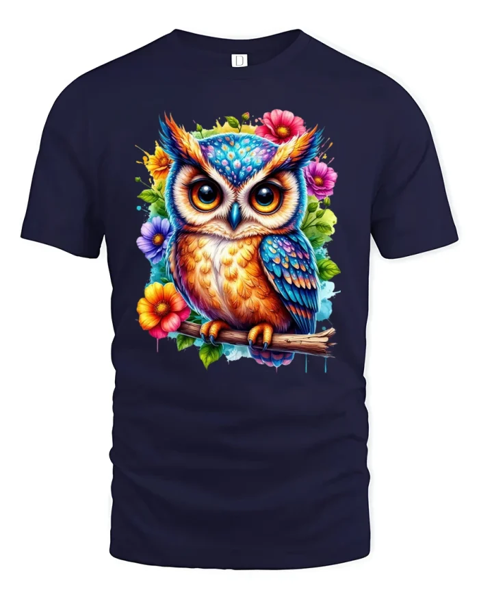 Colorful Owl With Flowers Vibrant Art Graphic Tee - navy t-shirt on white background