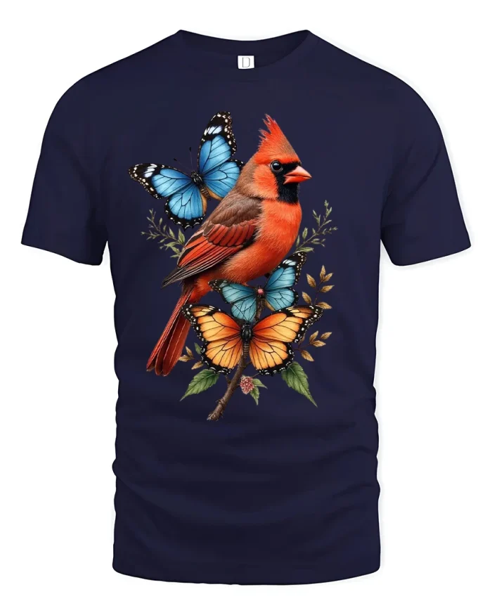 Cardinal Bird With Butterflies Nature Art Graphic Tee - navy t-shirt on white background