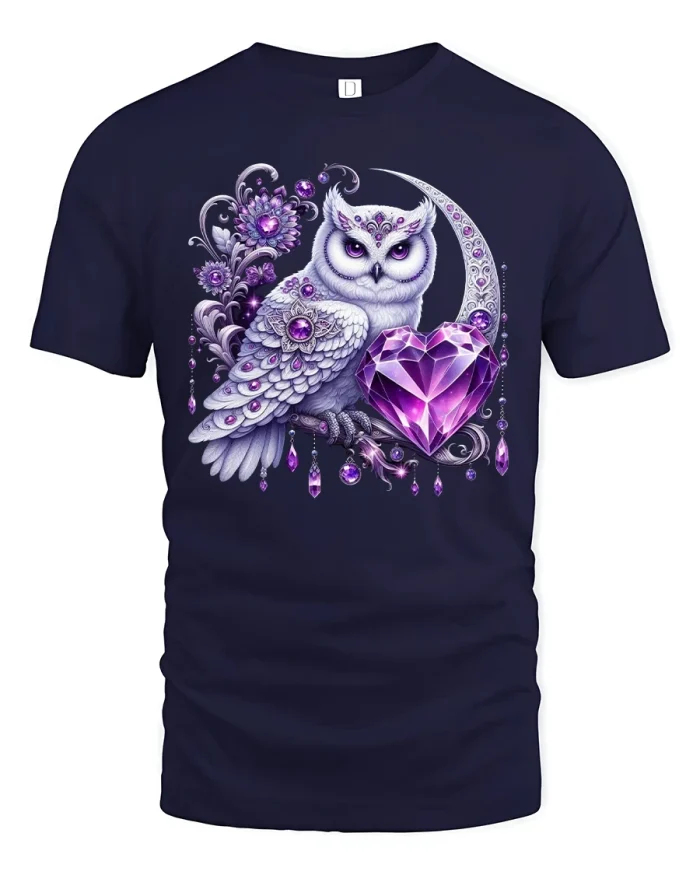 White Owl With Purple Crystal Heart Moon Art Tee - navy t-shirt on white background
