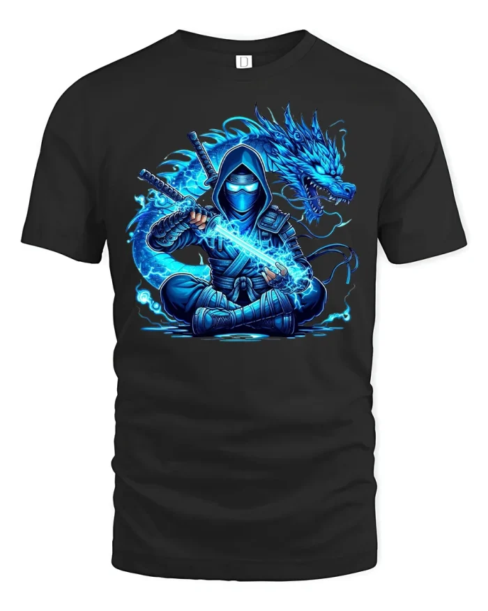 Blue Ninja Warrior With Dragon Lightning Art Tee - black t-shirt on white background