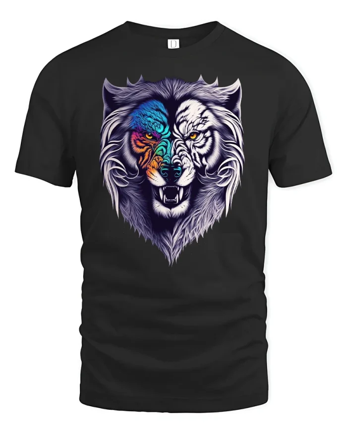 Wolf Tiger Fusion Face Dual Animal Power Graphic Tee - black t-shirt on white background