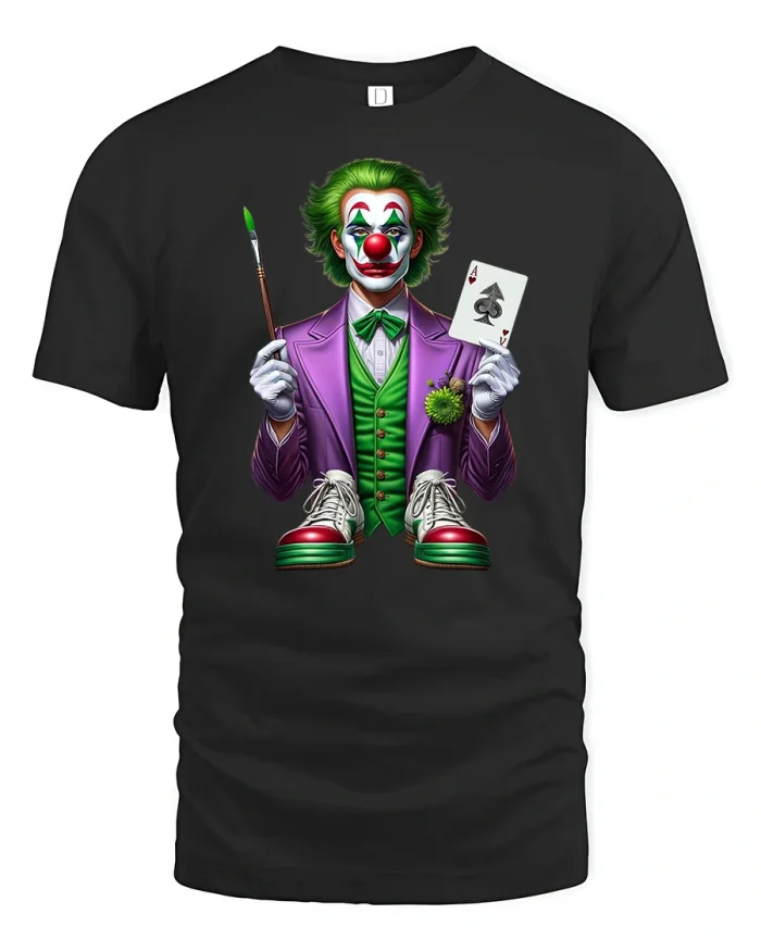 Funny Joker Clown With Brush And Card Art Graphic Tee - black t-shirt on white background