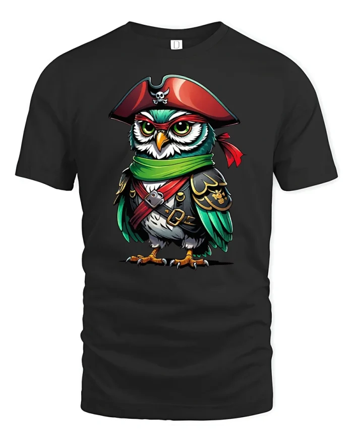 Pirate Owl Captain Funny Bird Adventure Graphic Tee - black t-shirt on white background