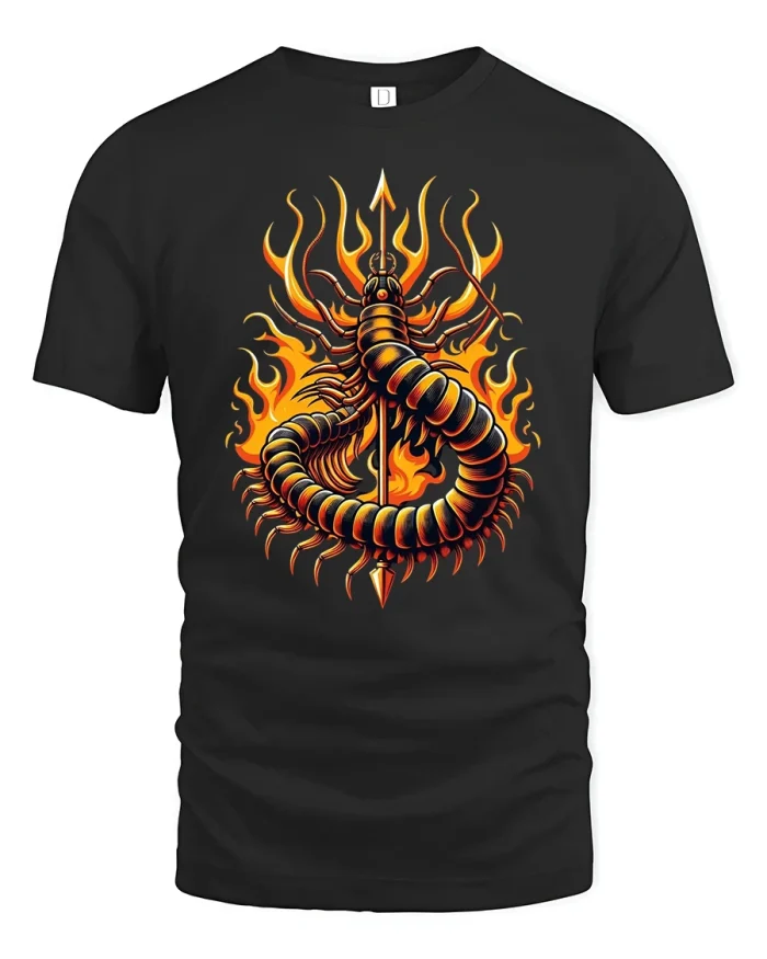 Flaming Centipede With Spear Inferno Warrior Graphic Tee - black t-shirt on white background