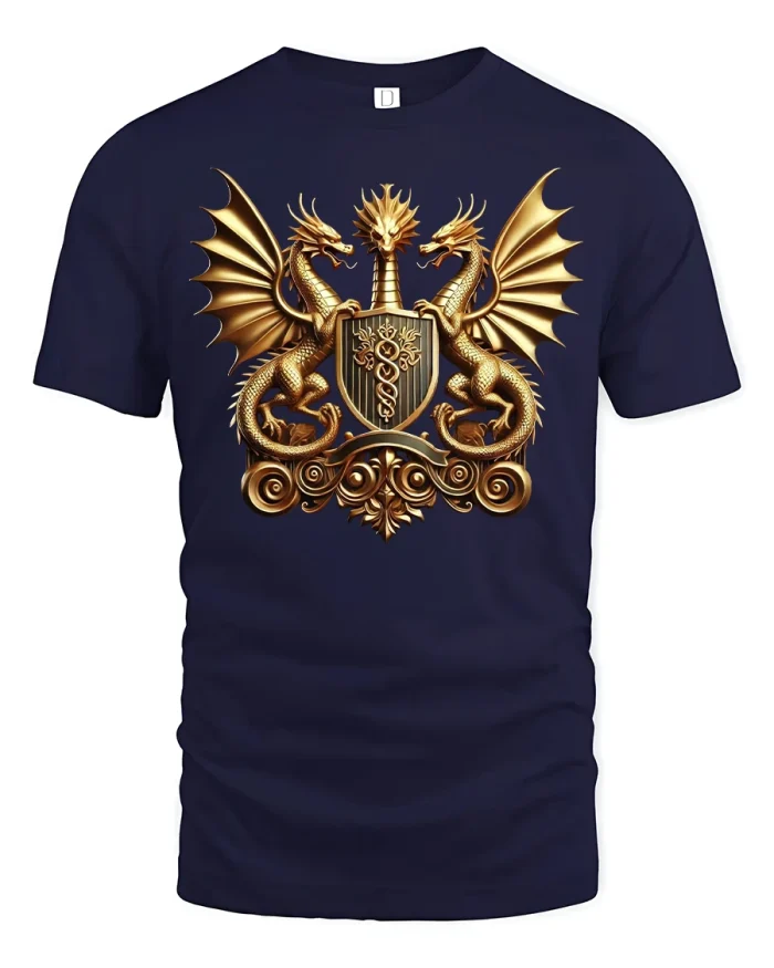 Golden Dragon Crest Royal Fantasy Power Graphic Tee - navy t-shirt on white background