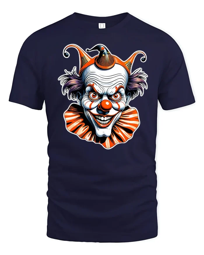 Creepy Evil Clown Face Horror Circus Graphic T-Shirt - navy t-shirt on white background