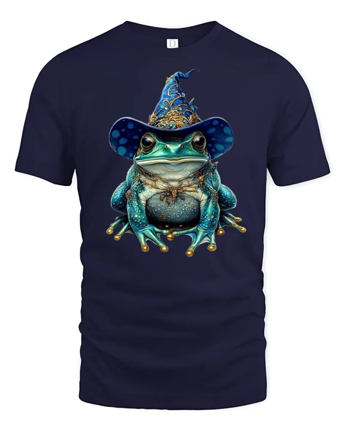 Magic Wizard Frog Fantasy Art Graphic T-Shirt - navy t-shirt on white background