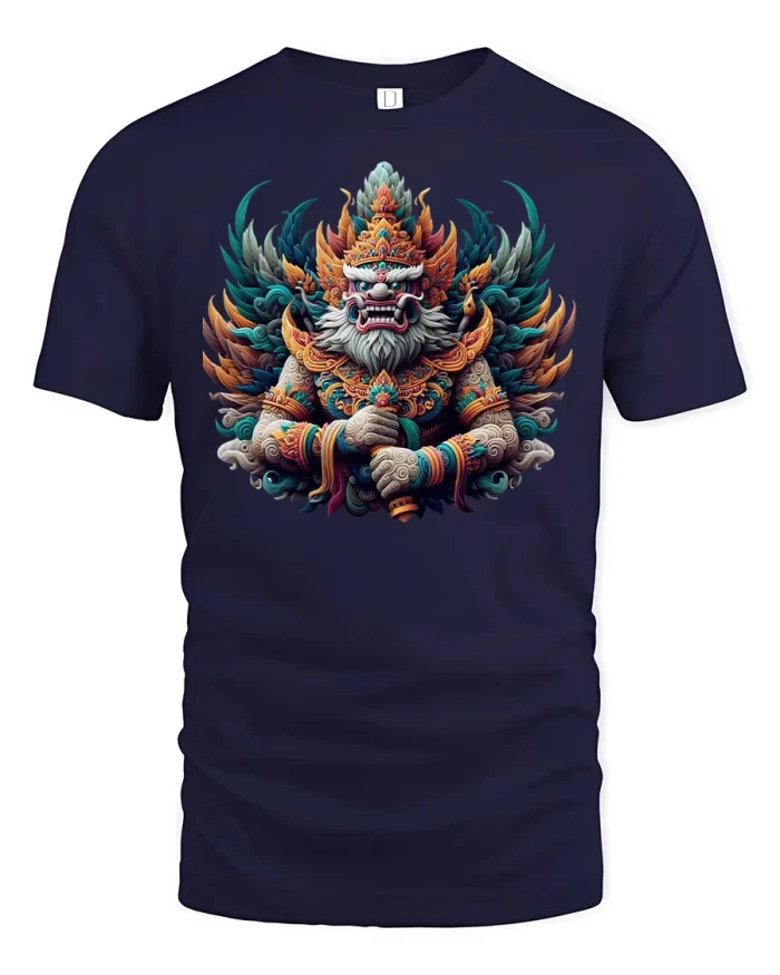 Mythic Guardian Warrior Tribal Art Graphic T-Shirt - navy t-shirt on white background
