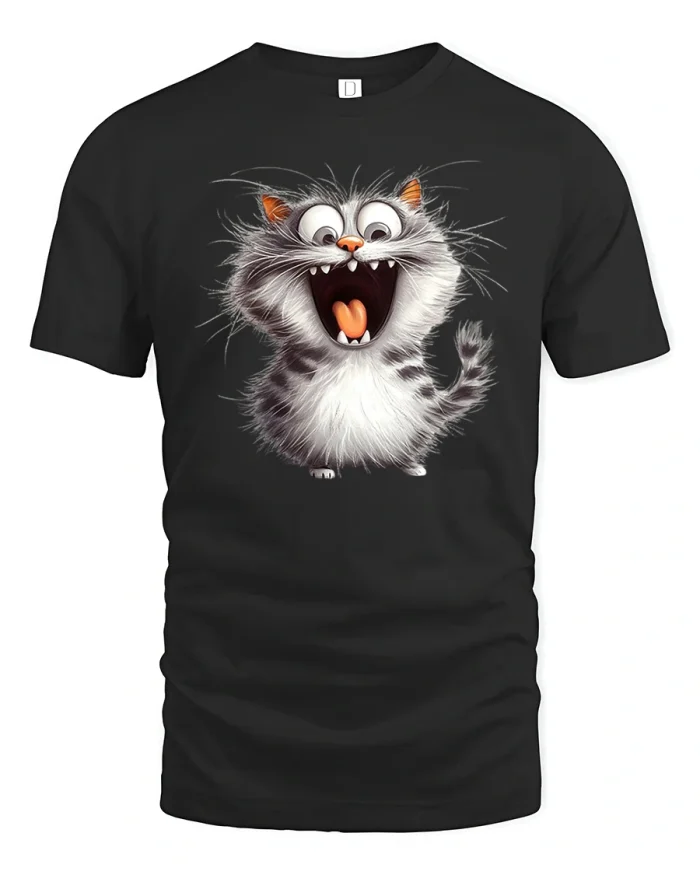 Crazy Happy Cat Face Funny T-Shirt for Cat Lovers - black t-shirt on white background