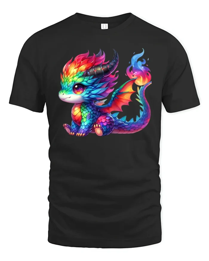 Cute Rainbow Dragon T-Shirt Fantasy Art Design - black t-shirt on white background
