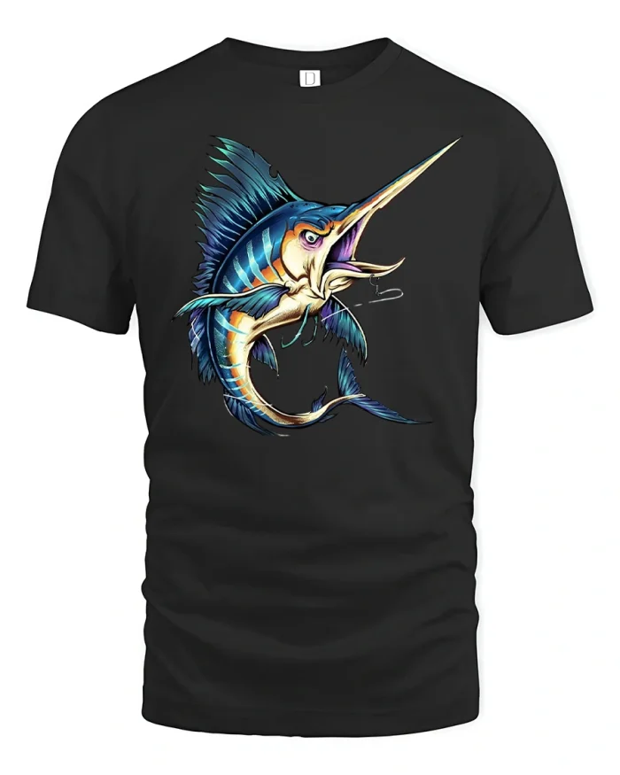 Fierce Marlin Attack Fishing T-Shirt for Sea Lovers - black t-shirt on white background