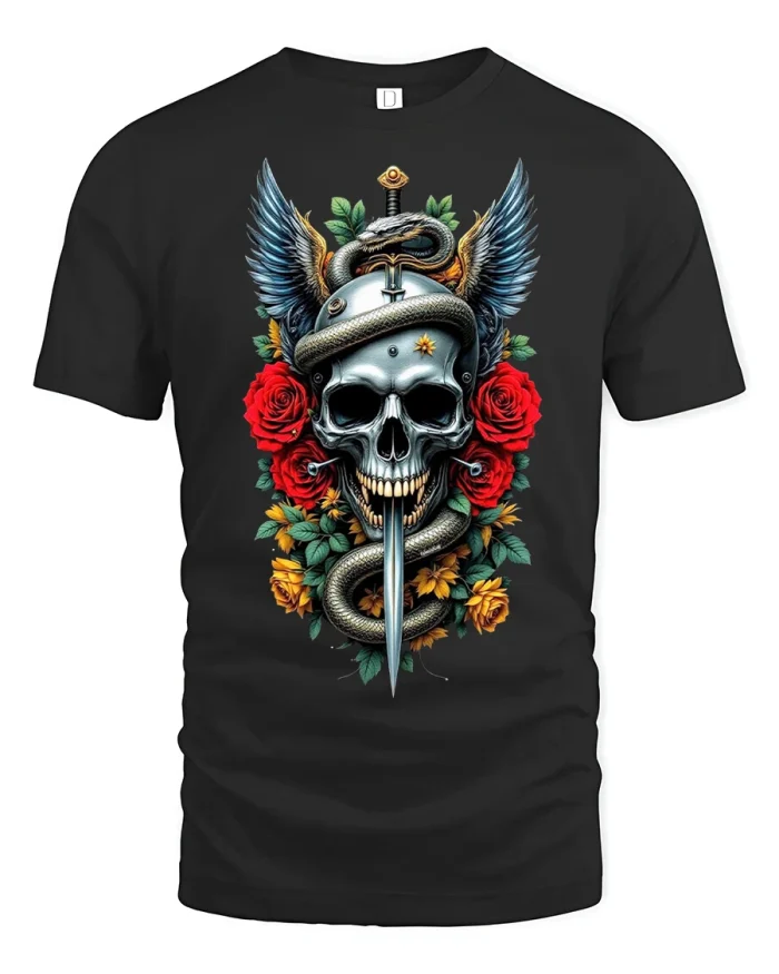 Winged Skull Snake and Roses Graphic T-Shirt - black t-shirt on white background