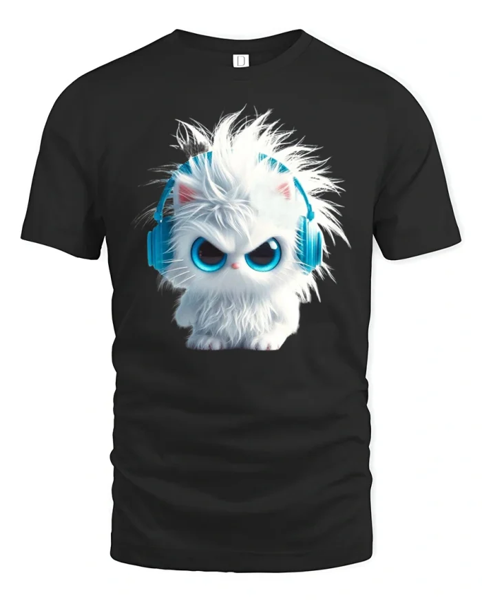 Cool Angry Cat Headphones T-Shirt for Music Lovers - black t-shirt on white background