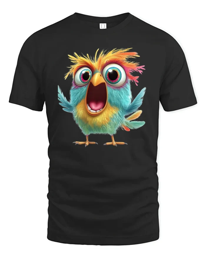 Funny Colorful Bird T-Shirt Cute Cartoon Style - black t-shirt on white background