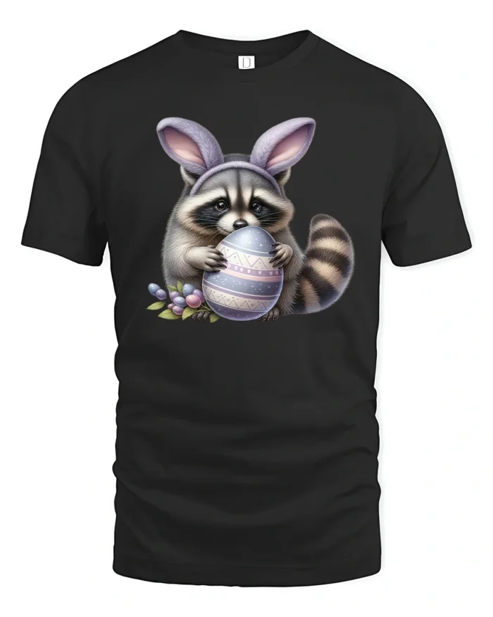 Cute Raccoon Bunny Ears Easter Egg T-Shirt Gift - black t-shirt on white background