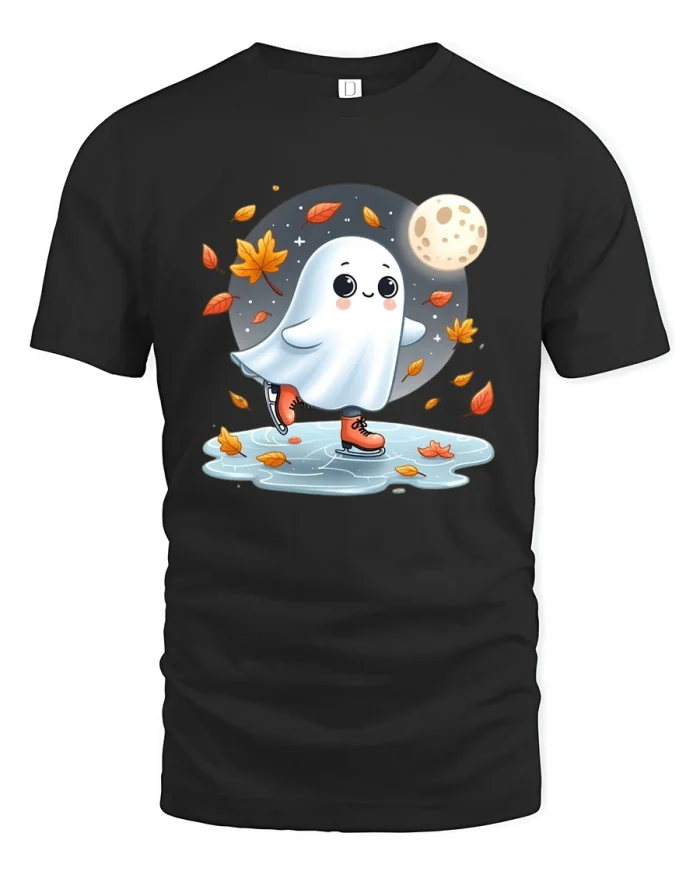 Cute Ghost Ice Skating T-Shirt Funny Fall Design - black t-shirt on white background