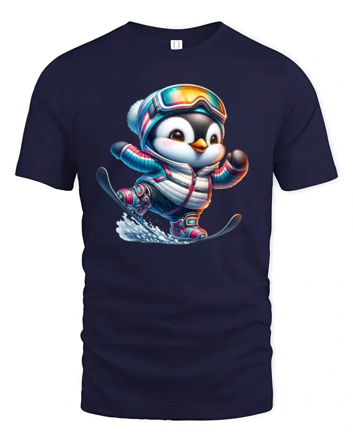 Cute Snowboarding Penguin T-Shirt Winter Fun Design - navy t-shirt on white background