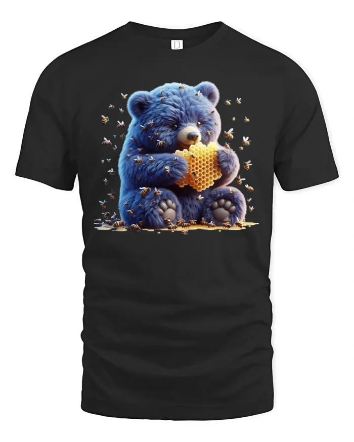 Cute Blue Bear Honeycomb Artwork Adorable Graphic T-Shirt - black t-shirt on white background