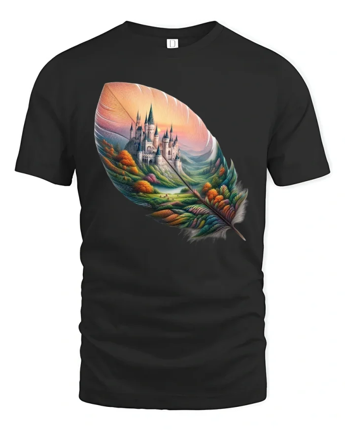 Fantasy Castle Feather Artwork Magical Landscape T-Shirt - black t-shirt on white background