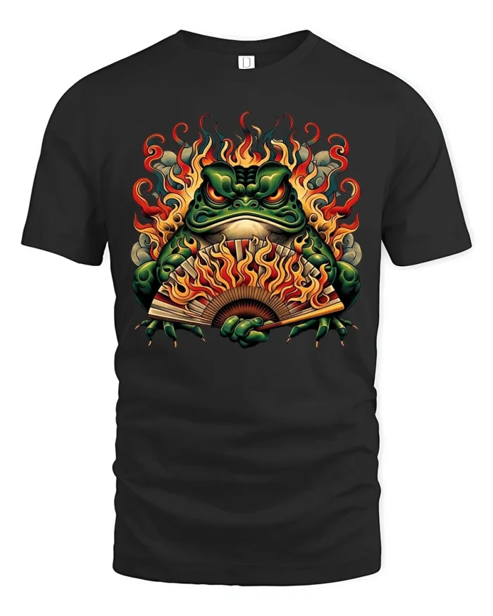 Fiery Warrior Frog Graphic Bold Samurai Style T-Shirt - black t-shirt on white background