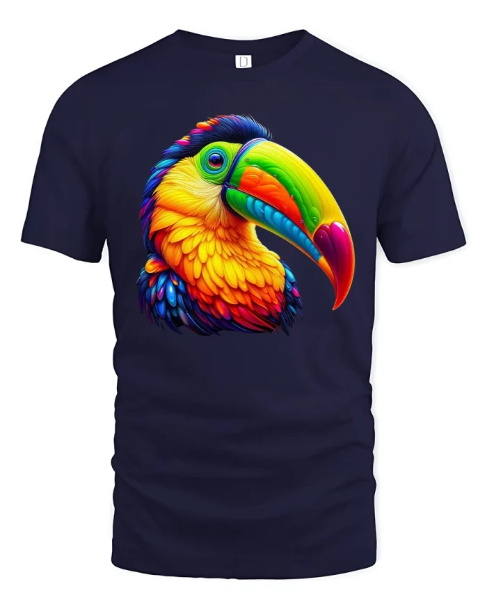 Vibrant Rainbow Toucan Artwork Colorful Tropical T-Shirt - navy t-shirt on white background
