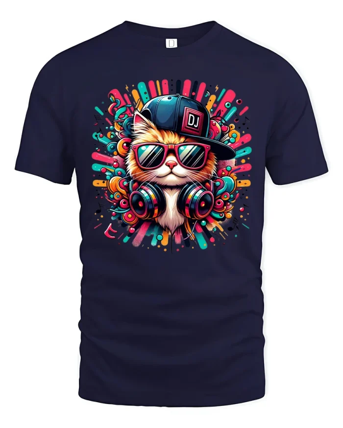 Colorful DJ Cat Artwork Cool Music Lover Graphic T-Shirt - navy t-shirt on white background