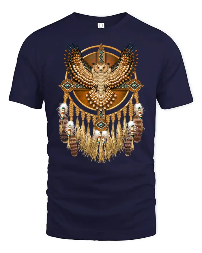 Ornate Owl Symbol Artwork Feathered Decorative T-Shirt - navy t-shirt on white background