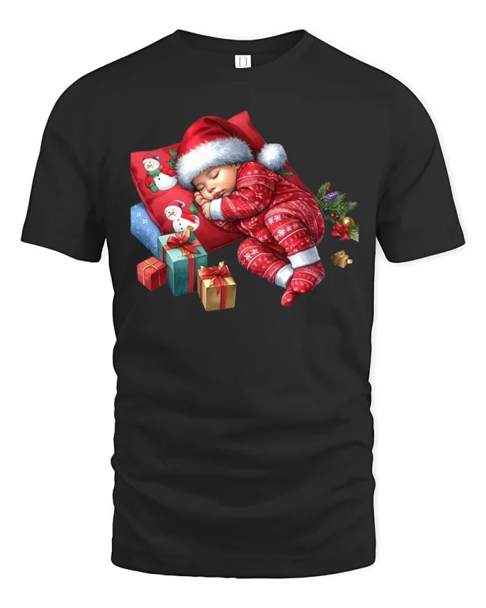 Cozy Christmas Baby Sleep Scene Holiday T-Shirt - black t-shirt on white background