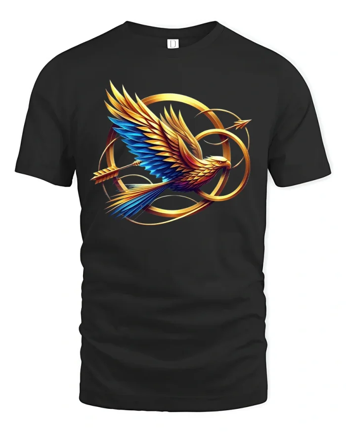 Epic Golden Phoenix Flight Symbol Graphic T-Shirt - black t-shirt on white background