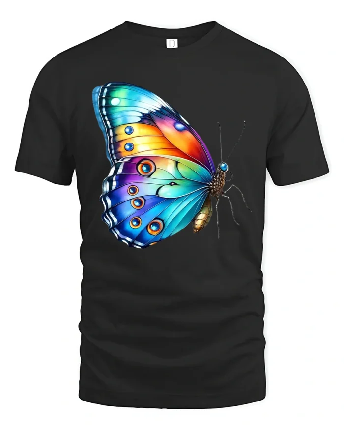Vibrant Rainbow Butterfly Art Colorful Graphic Tee - black t-shirt on white background