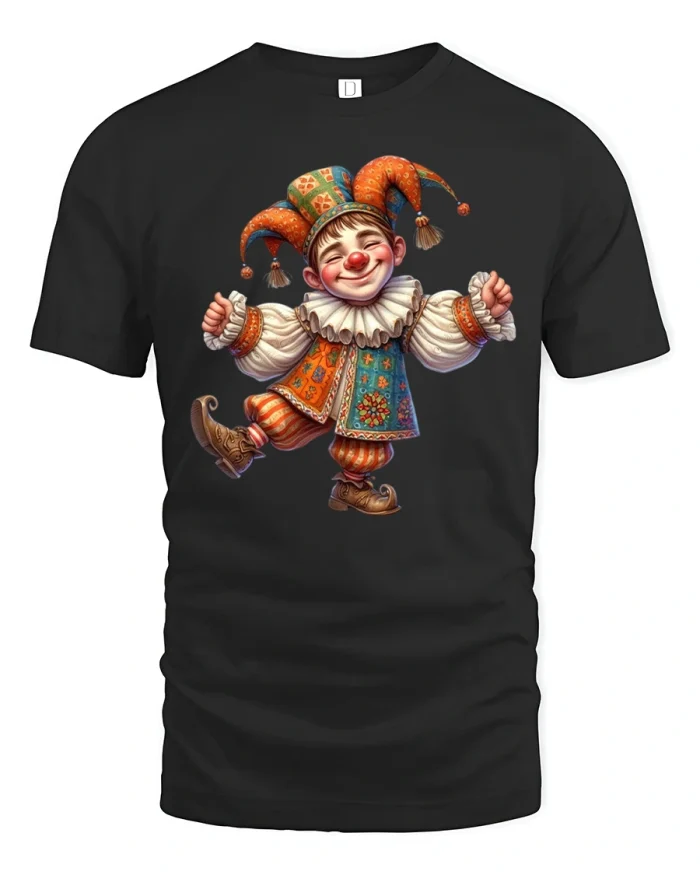 Happy Dancing Jester Colorful Costume Graphic Tee - black t-shirt on white background