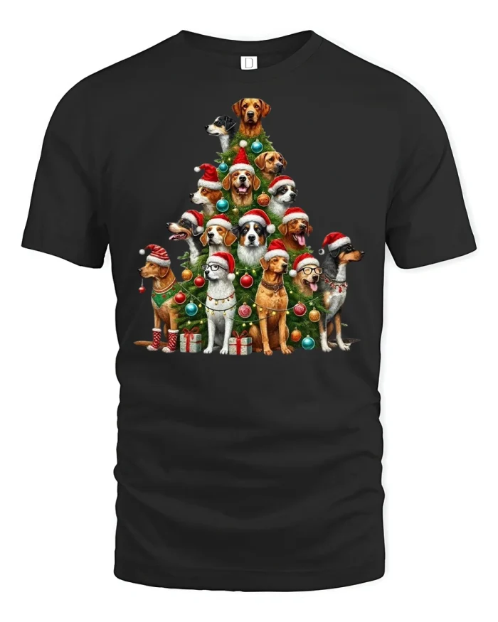 Funny Christmas Dog Tree Holiday Cute Graphic T-Shirt - black t-shirt on white background