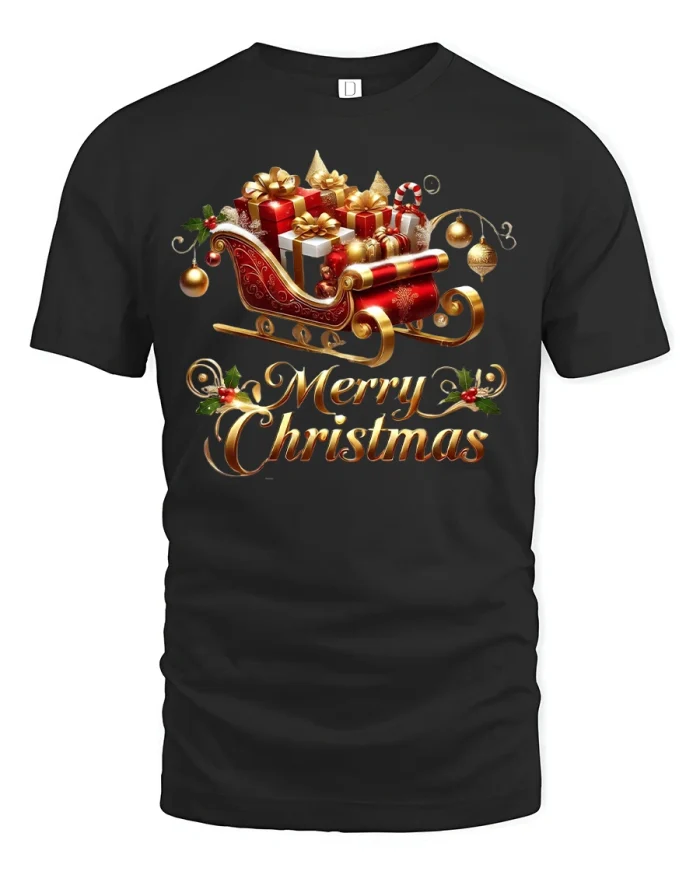 Elegant Merry Christmas Sleigh Gifts Holiday T-Shirt - black t-shirt on white background