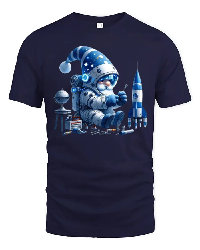 Cute Astronaut Gnome Building Rocket Space T-Shirt - navy t-shirt on white background