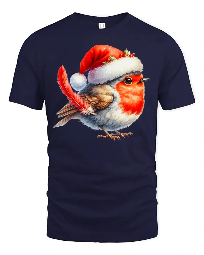 Cute Christmas Robin in Santa Hat Holiday Graphic Tee - navy t-shirt on white background