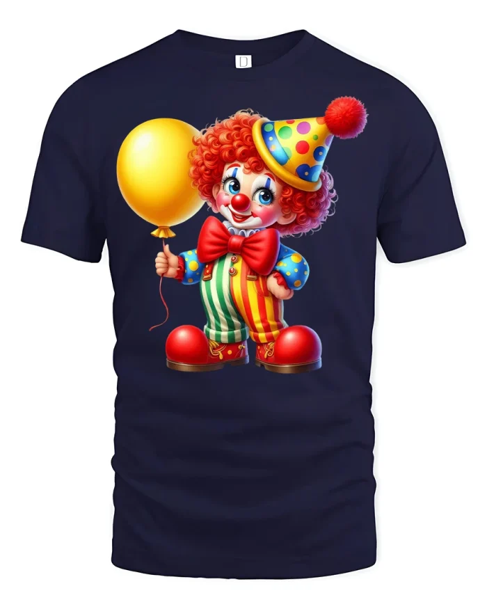 Cute Cartoon Clown with Balloon Fun Colorful T-Shirt - navy t-shirt on white background
