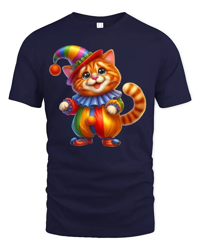 Cute Clown Cat Colorful Costume Fun Cartoon T-Shirt - navy t-shirt on white background