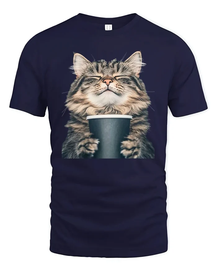 Happy Coffee Cat Cute Cozy Morning Lover T-Shirt - navy t-shirt on white background